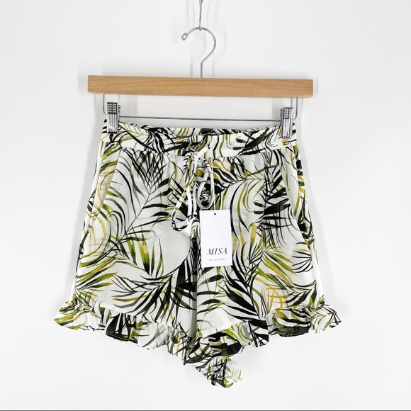 MISA Los Angeles Inca Palm Print Shorts Ruffle Hem Relaxed Fit White Green XS - Picture 5 of 13